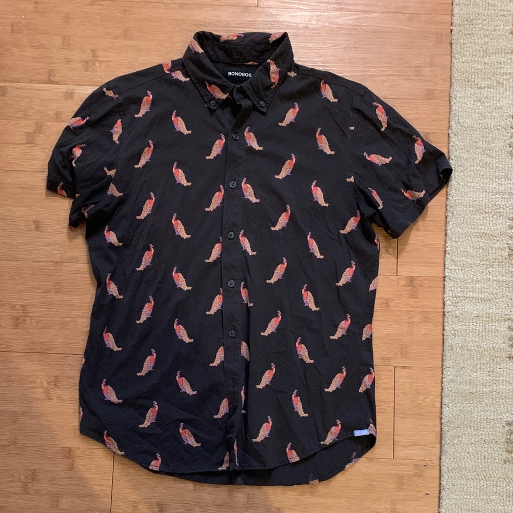 Bonobos Black Short-Sleeve Button-Down Shirt with Red Bird Print